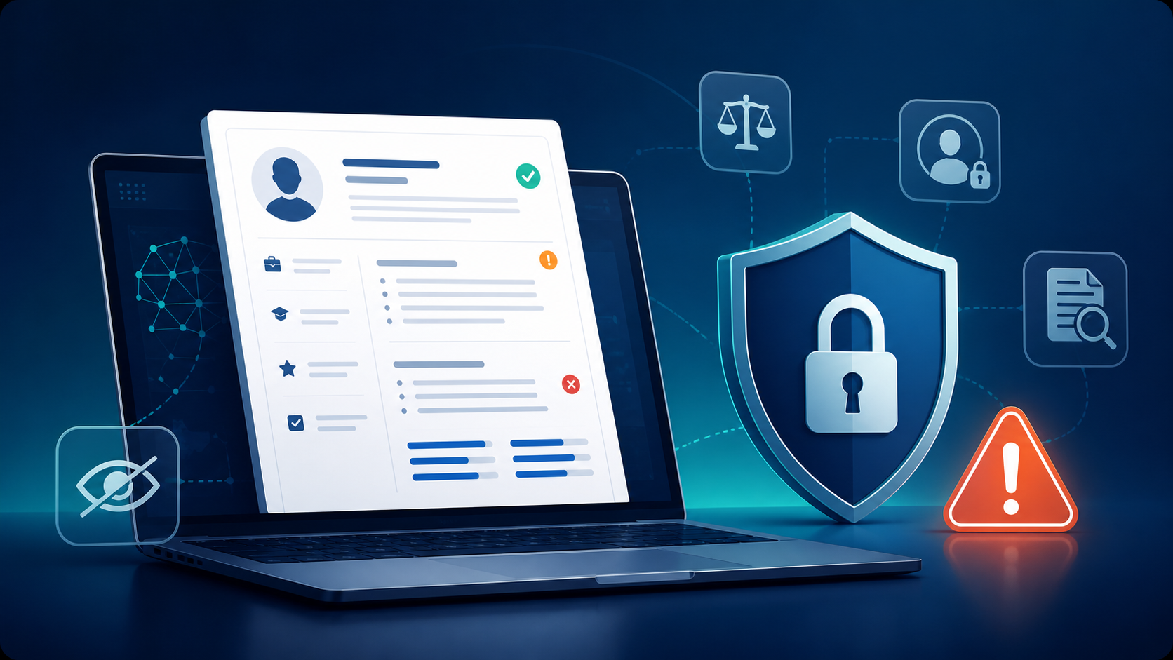 Resume on a laptop protected by a shield with AI risk and privacy indicators