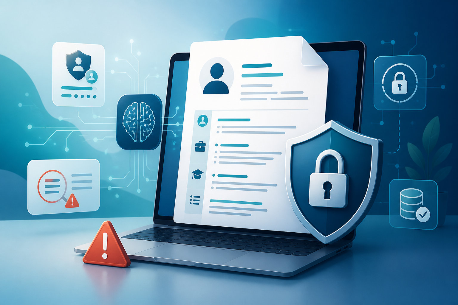 Resume on a laptop with privacy shield, warning indicator, and AI risk icons