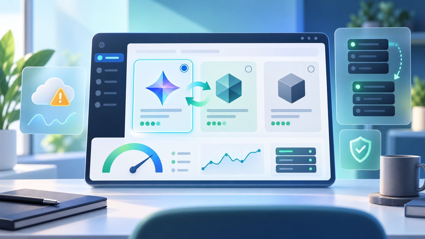 AI model selection dashboard with stability indicators and fallback arrows