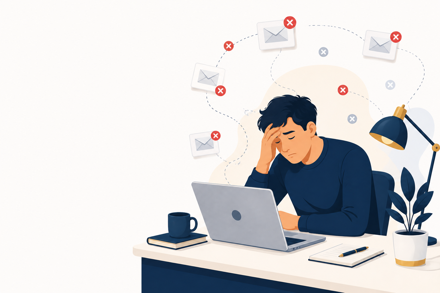 Tired professional at a laptop surrounded by rejected application notification cards