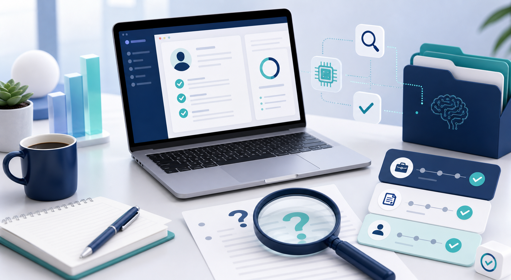 Job search research workspace with checklist, magnifying glass, AI and application tracking indicators