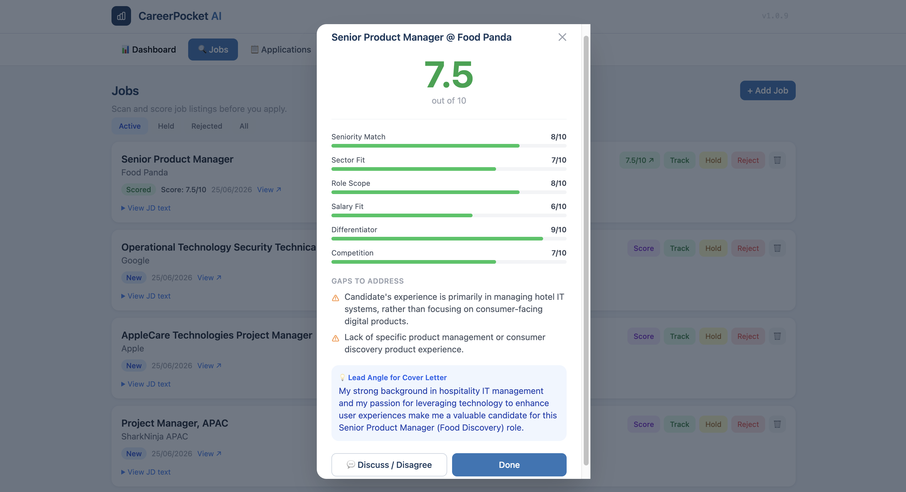 AI Job Scoring — 0-10 fit score with detailed breakdown