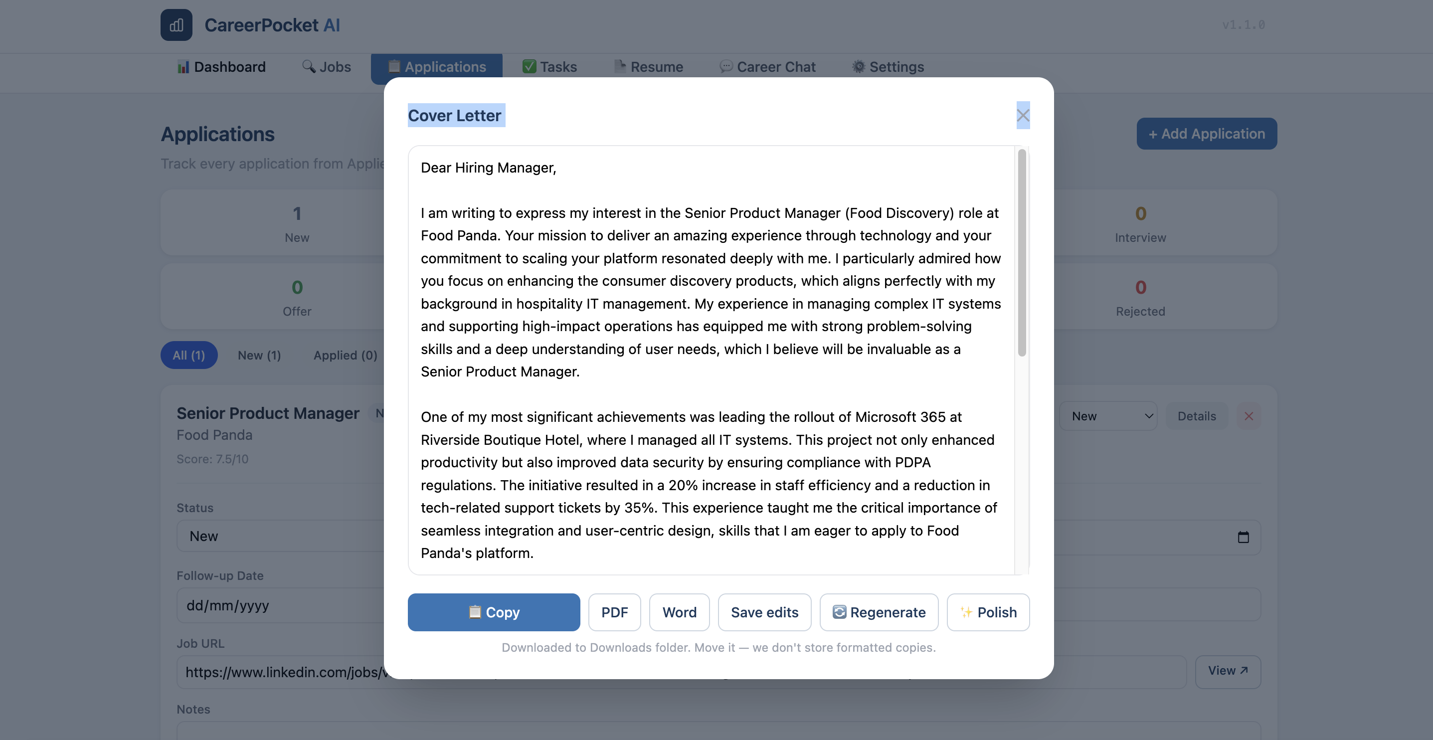 AI Cover Letter Writer — tailored multi-paragraph cover letter