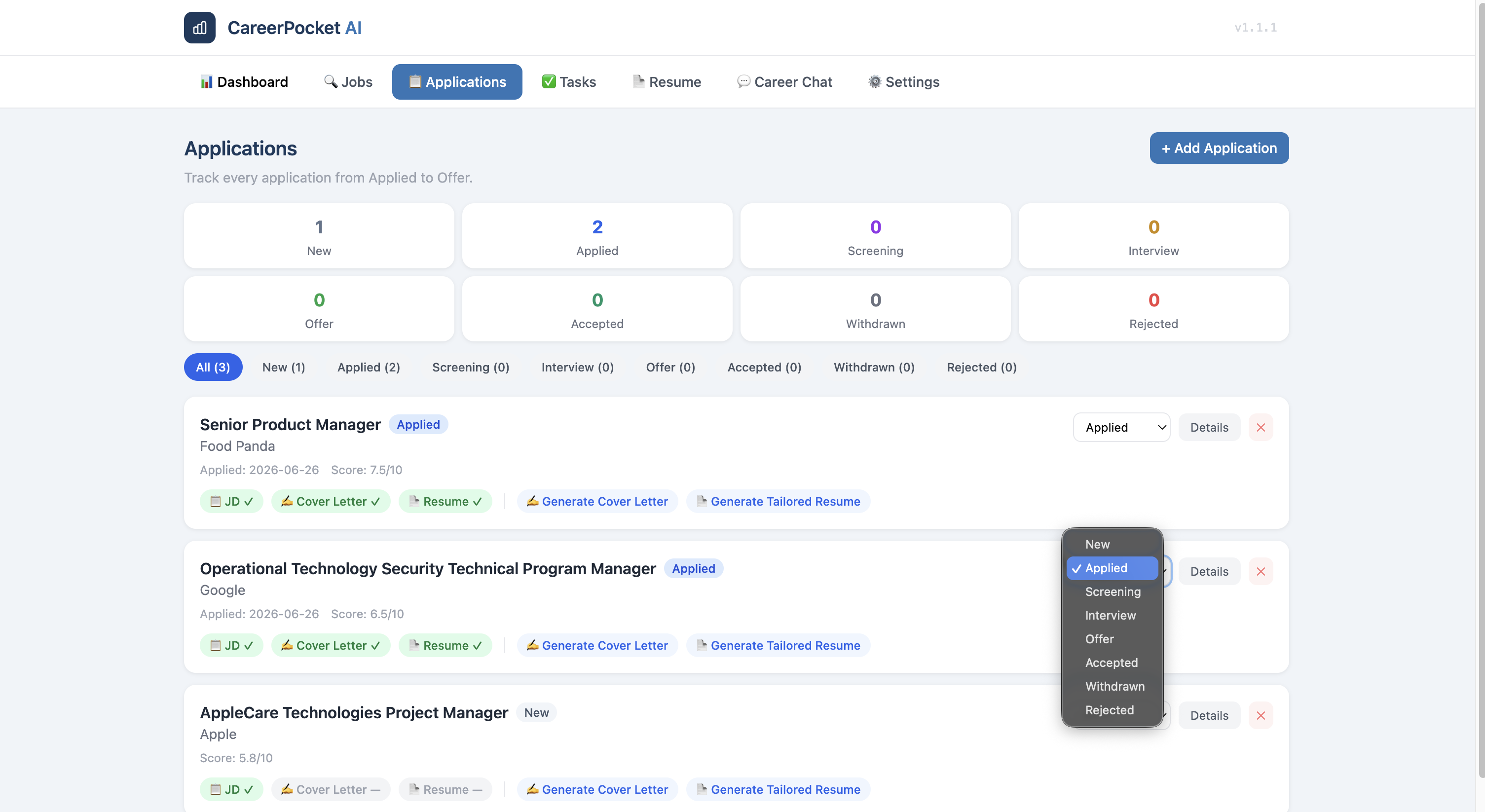 CareerPocket AI Application Archive — track every job application