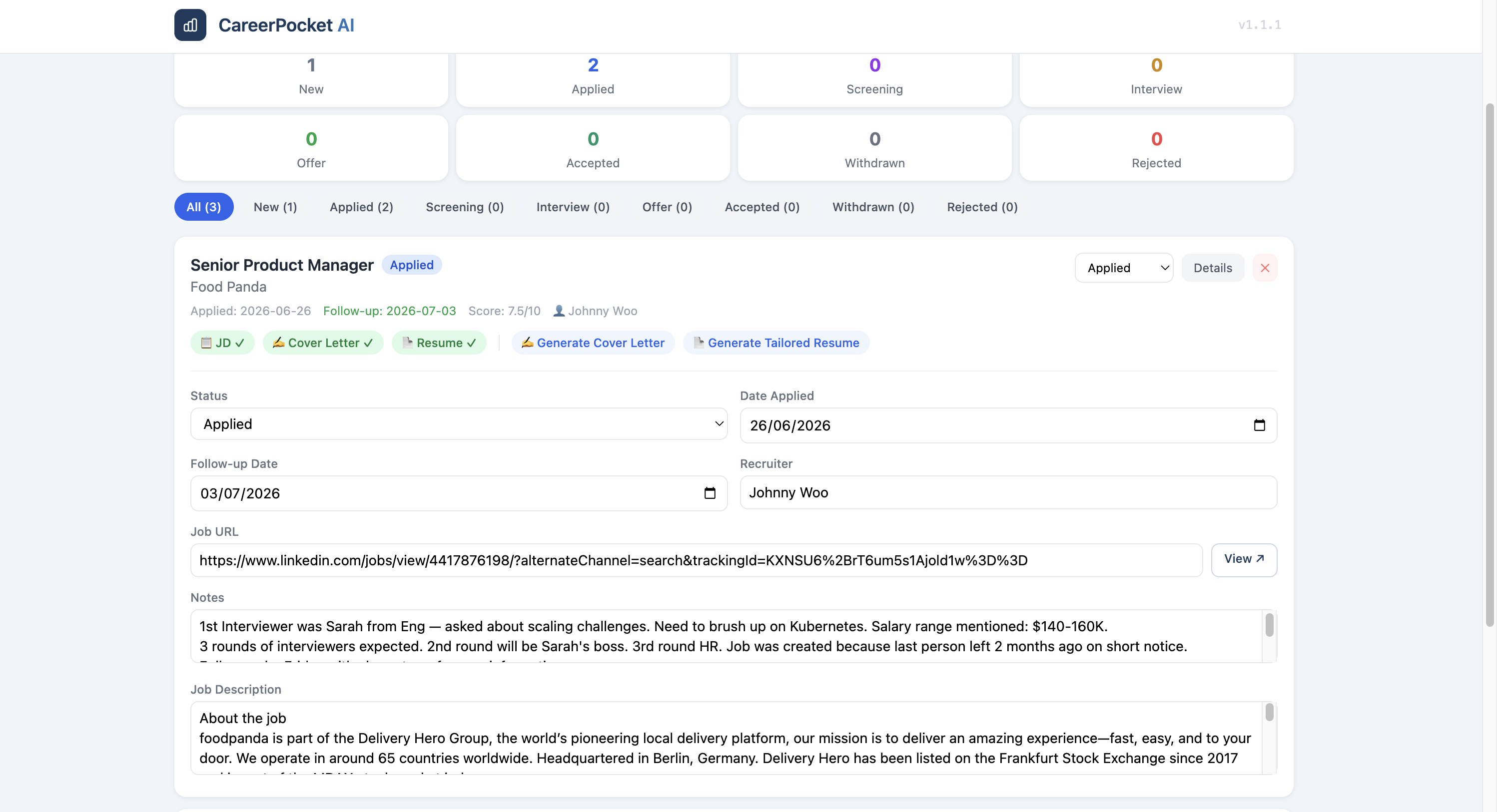 Insights and Notes — capture interview takeaways per application